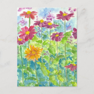 Postal Flor de zinnia rosa acuarela acuarela jardín arte