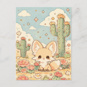 Postal Flor del Desierto de Melocotón Kawaii Zorro Fennec