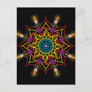 Postal Flor Diwali Rangoli con lámparas de aceite