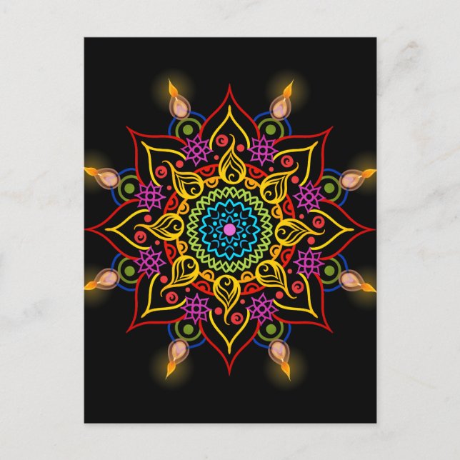 Postal Flor Diwali Rangoli con lámparas de aceite (Anverso)