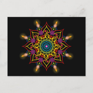 Postal Flor Diwali Rangoli con lámparas de aceite