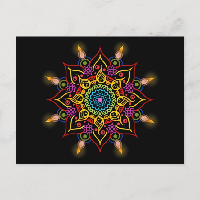 Postal Flor Diwali Rangoli con lámparas de aceite (Anverso)
