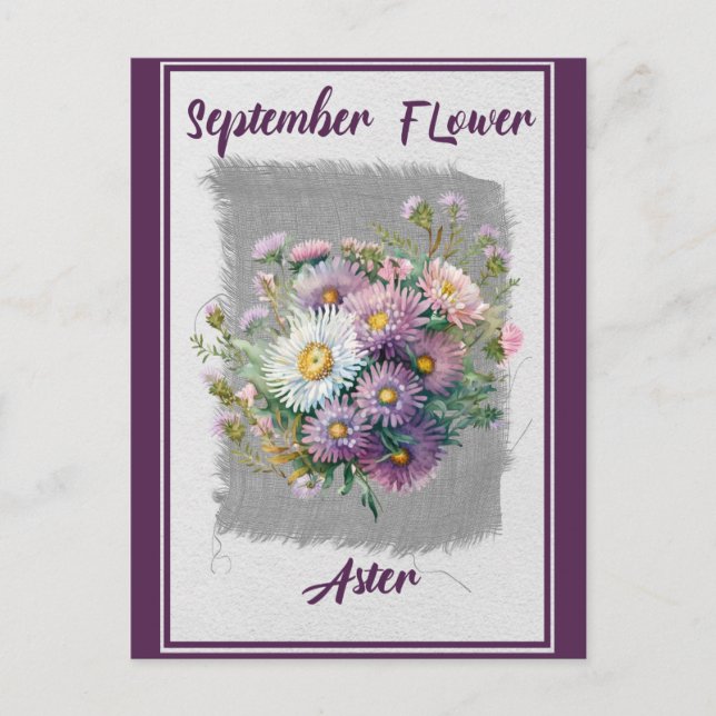 Postal Flor floral de aster de flor de septiembre vintage (Anverso)