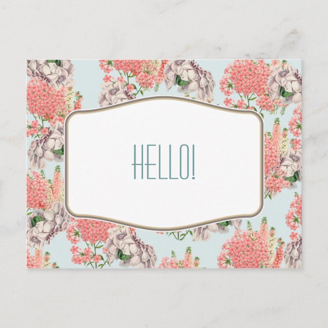 Postal Flor, hortensias gardenirosas detalles celeste (Anverso)