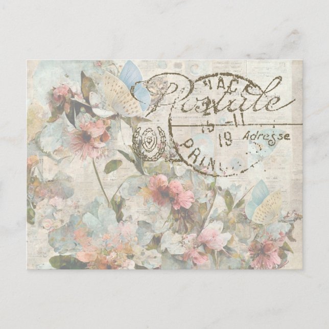 Postal Flor mariposa Shabby Collage Postale Francés (Anverso)