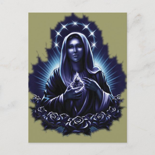 Postal Flor morada bendecida Virgen María (Anverso)