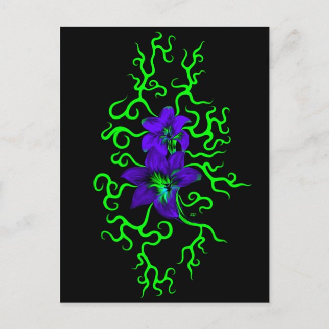 Postal Flor morada lirio en negro (Anverso)