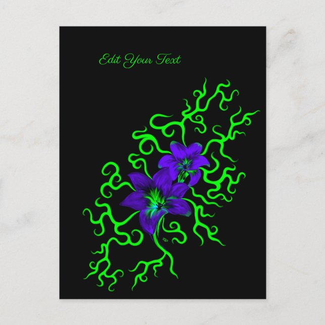 Postal Flor morada lirio en negro (Anverso)