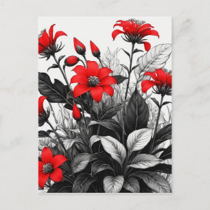 Postal Flor Roja Sobre La Planta Blanca Negra