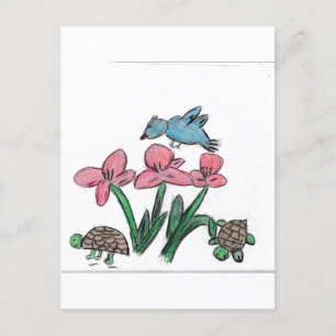 Postal Flor rosa con pájaro