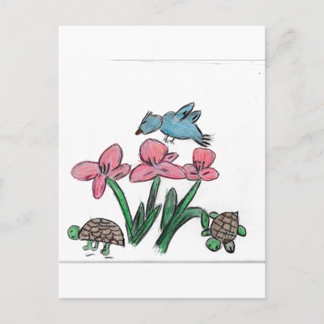 Postal Flor rosa con pájaro (Anverso)