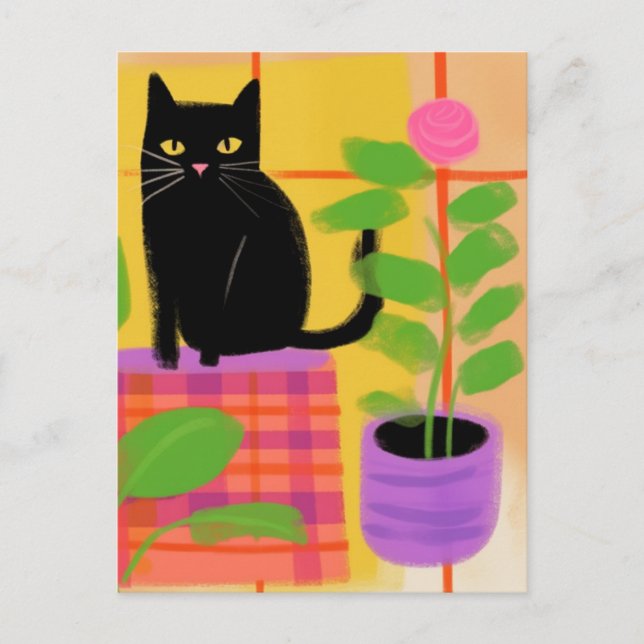 Postal Flor rosa de gato negro lindo (Anverso)