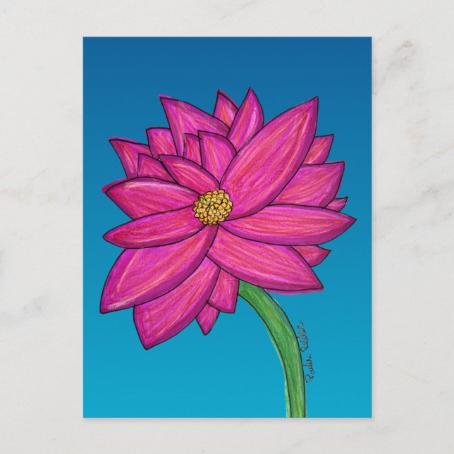Postal Flor Rosa Fucsia con fondo azul (Anverso)