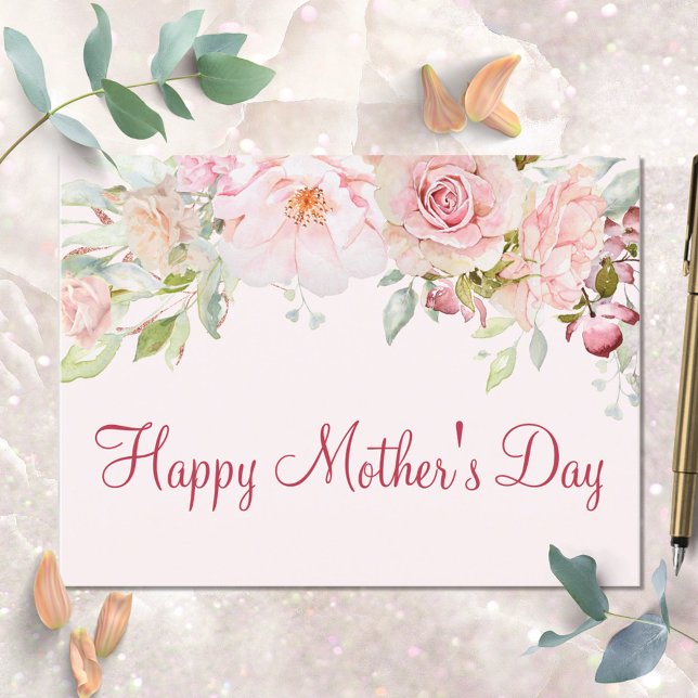 Postal Flor rosa rosa pastel Floral feliz día de la madre (In situ)