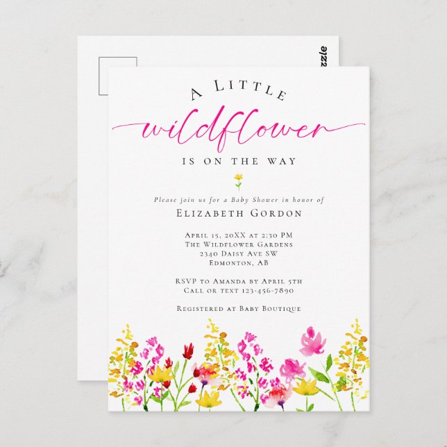 Postal Flor silvestre Baby Shower acuarela Floral Cuta ro (Anverso / Reverso)