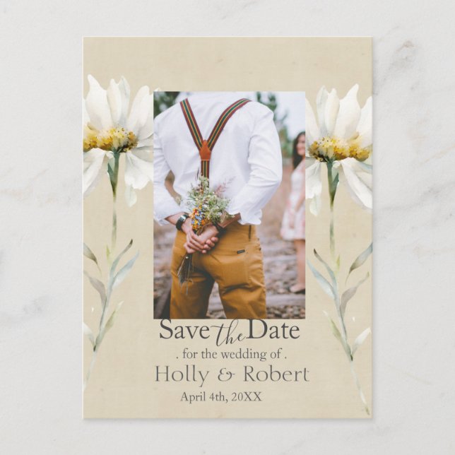 Postal Flor silvestre Daisy Save the Date Photo QR Code (Anverso)