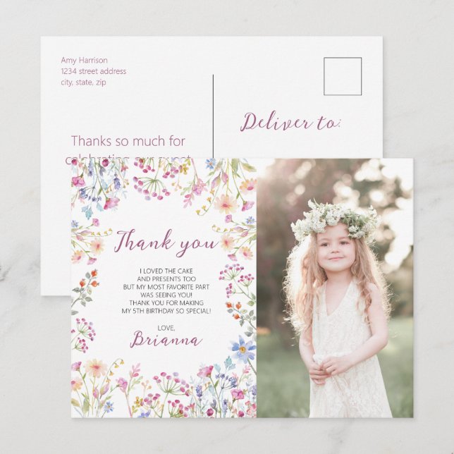 Postal Flor silvestre Jardín Tema Chica acuarela Gracias (Anverso / Reverso)