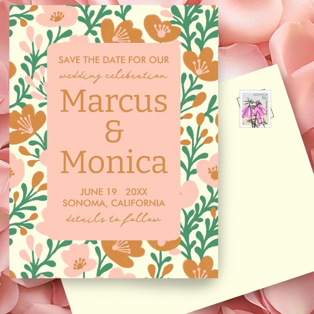 Postal Flor silvestre viña Personalizado verde rosa salva (Wildflower Vines Pink Green Custom Save the Date Postcard
)