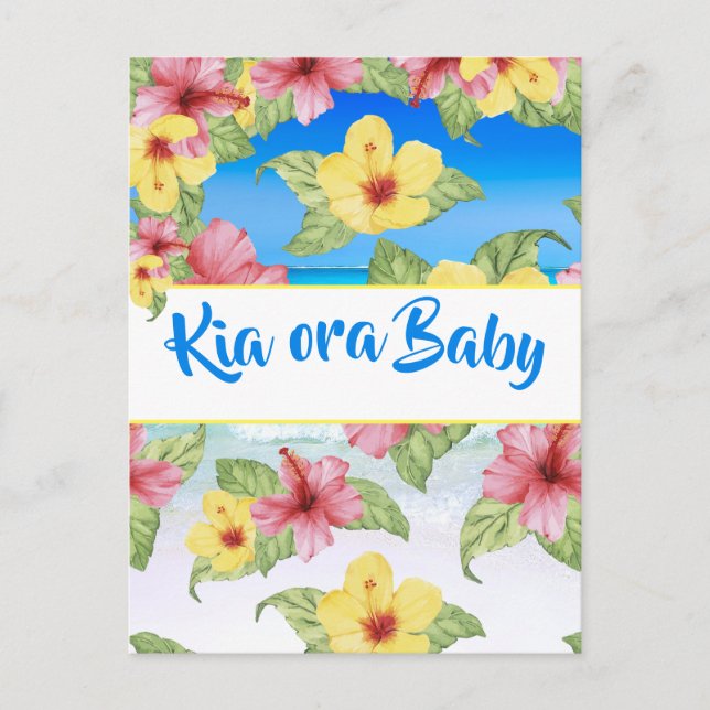 Postal Flor tropical Baby Shower Beach Kia Ora Baby (Anverso)