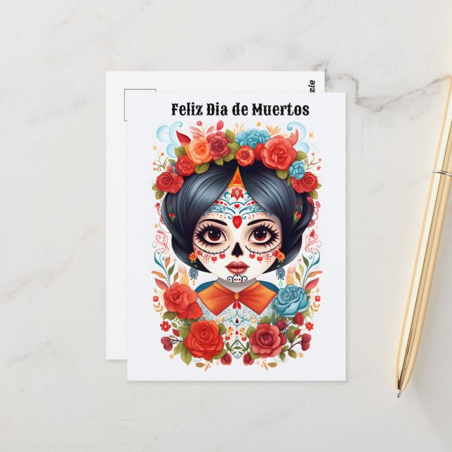 Postal 🌹 Flor y Calavera: Tributo al Día de Muertos (Anverso/Reverso In Situ)