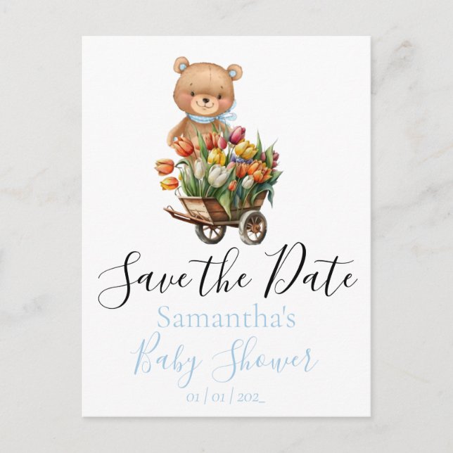 Postal Flora rústica de Baby Shower Teddy salva la fecha (Anverso)