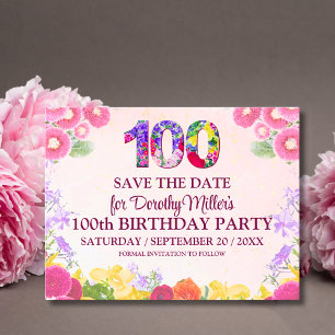 Postal Floral 100 cumpleaños Salvar la fecha, Pastel 100