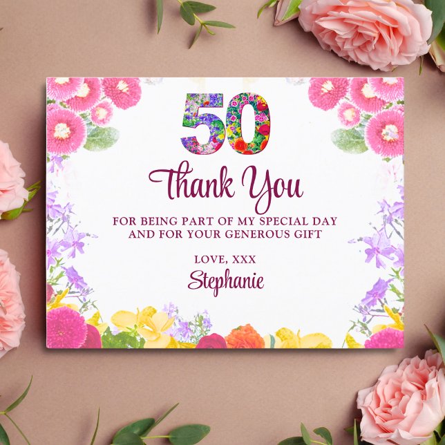 Postal Floral 50 cumpleaños carta de agradecimiento 50 fl (Subido por el creador)