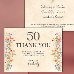 Postal Floral 50 cumpleaños carta de agradecimiento 50 fl