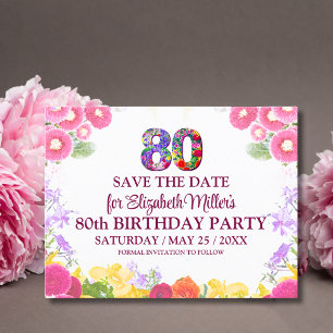 Postal Floral 80º cumpleaños salvar la fecha 80 elegante