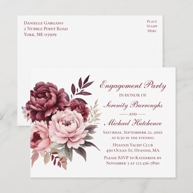 Postal Floral acuarela Burgundy Peony Engagement Party (Anverso / Reverso)