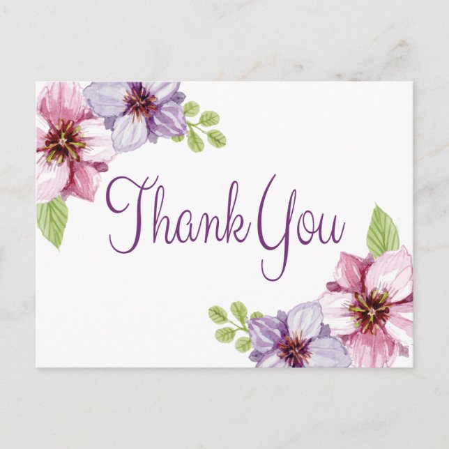 Postal Floral acuarela Gracias Flor Púrpura (Anverso)