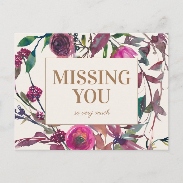 Postal Floral Acuarela Púrpura Oro Te Extraño (Anverso)