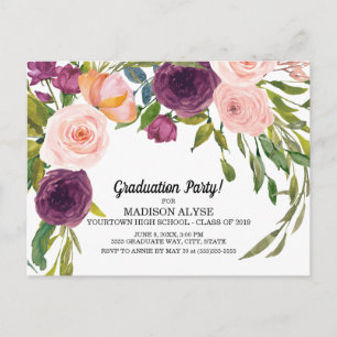 Postal Floral Acuarela Rosa Púrpura Graduación Blanca