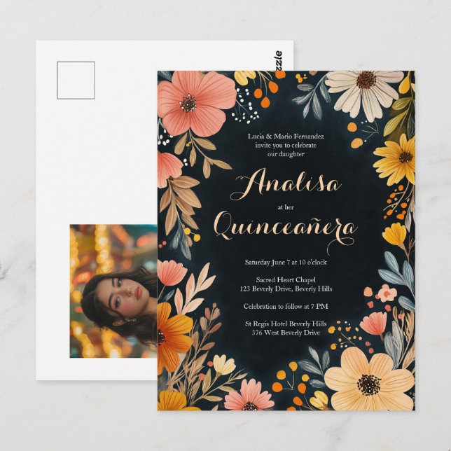Postal Floral acuarela sobre PERSONALIZADO oscuro de Quin (Anverso / Reverso)
