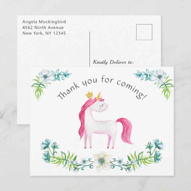 Postal Floral acuática rosa unicornio Gracias (Anverso / Reverso)