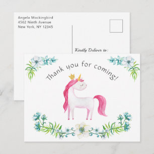 Postal Floral acuática rosa unicornio Gracias
