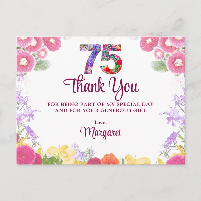 Postal Floral agradecimiento cumpleaños 75 elegante (Anverso)