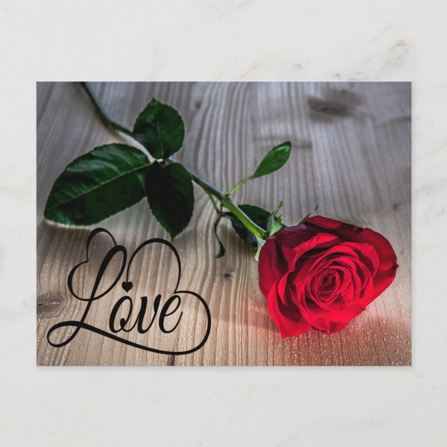 Postal Floral Amor Rojo Flor Flor Madera Rústica (Anverso)