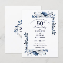 Postal Floral azul 50 aniversario Boda Salven la fecha