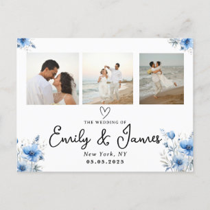 Postal floral azul Black Script Photo Strip Boda