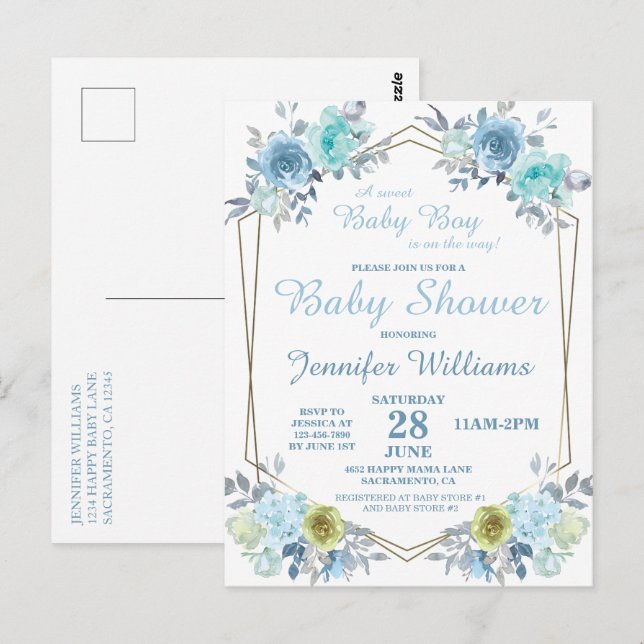 Postal Floral azul de bonito es un niño Invitati de Baby  (Anverso / Reverso)