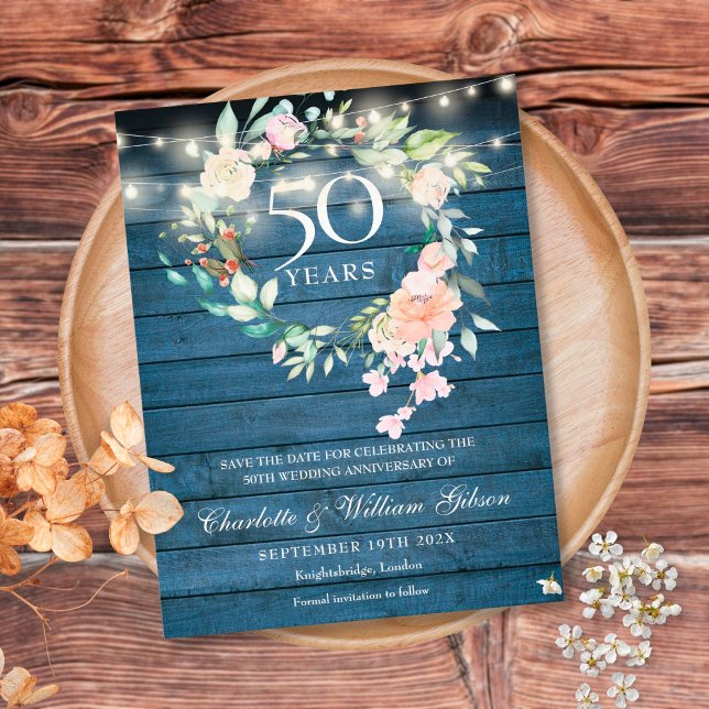 Postal Floral azul rústico de 50 años salva la fecha (Subido por el creador)