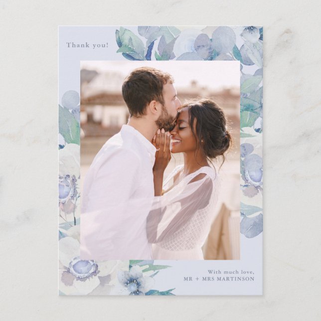 Postal Floral azul simple Una foto Boda Gracias (Anverso)