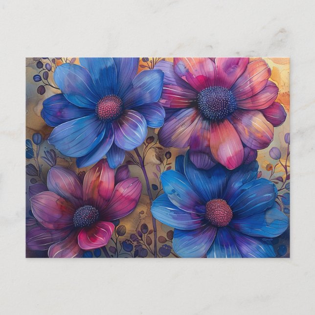 Postal floral azul y púrpura vibrante (Anverso)