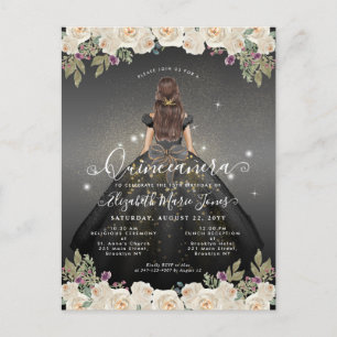 Postal Floral Black White Gold Glam Princesa Quinceanera