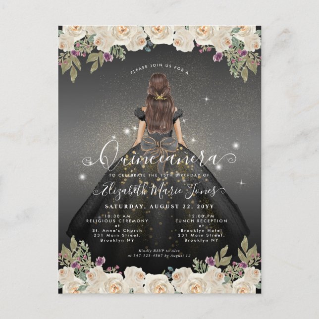Postal Floral Black White Gold Glam Princesa Quinceanera (Anverso)