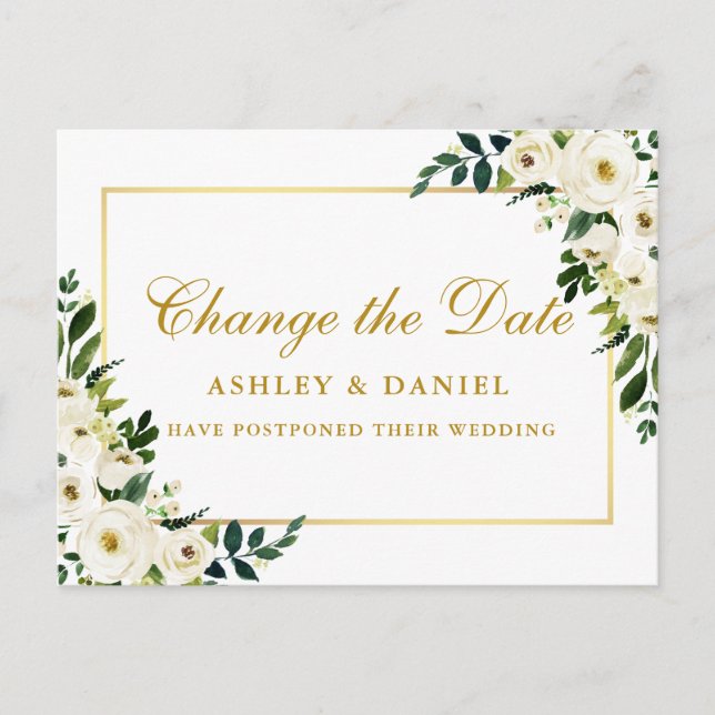 Postal Floral blanca verde acuarela cambia la fecha de or (Anverso)