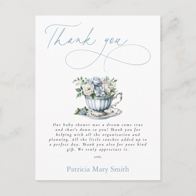 Postal Floral Blue Tea Fiesta Boy Baby Shower Gracias (Anverso)