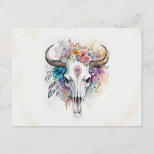 Postal Floral Bull Skull Watercolor Art