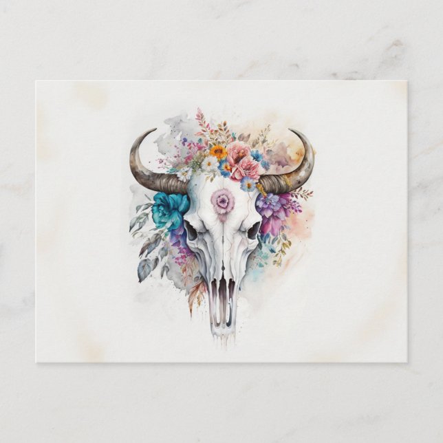 Postal Floral Bull Skull Watercolor Art (Anverso)